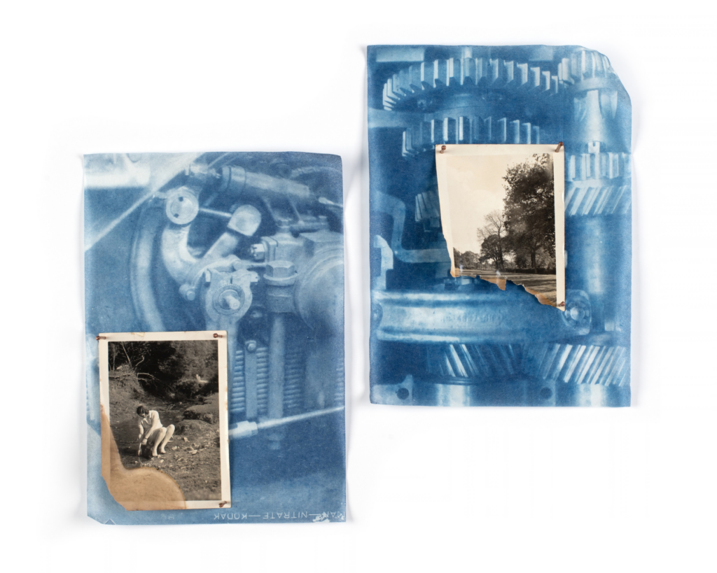 Two blue cyanotype prints of machinery with pinned black-and-white photographs: a person outdoors and a tree-lined landscape.
